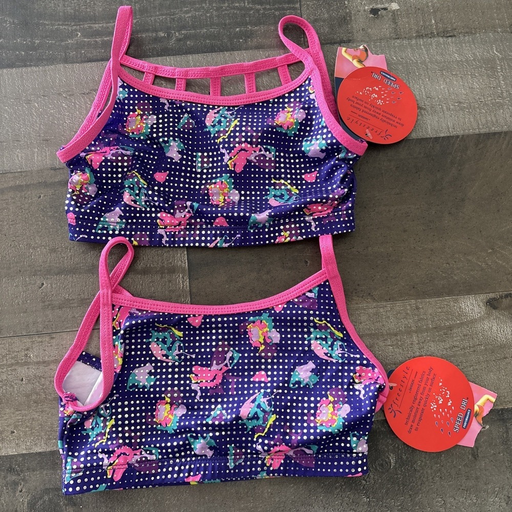 Girls Freestyle Gymnastics Bra Top NWT Size 6/6x Purple pattern lot of 2 New